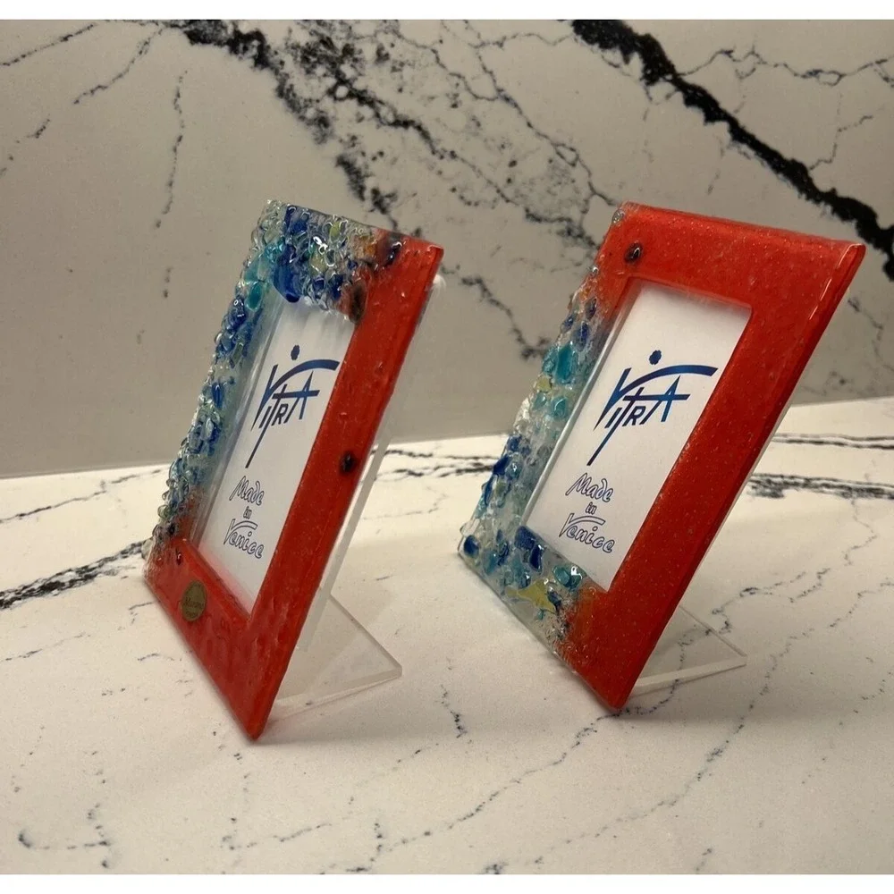 Vitra Murano Glass Picture Frames Set of 2 Red Blue Made in Venice Italy 2.5x3.5